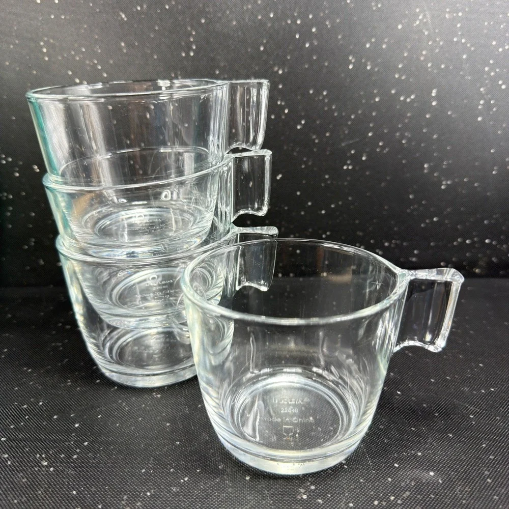 IKEA Clear Glass Coffee Mugs Set of 4 Stackable Square Handle 22648 2.75in Tall